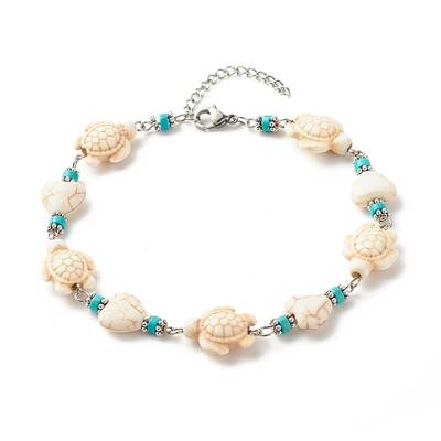 Heart & Tortoise Synthetic Turquoise Beaded Anklet