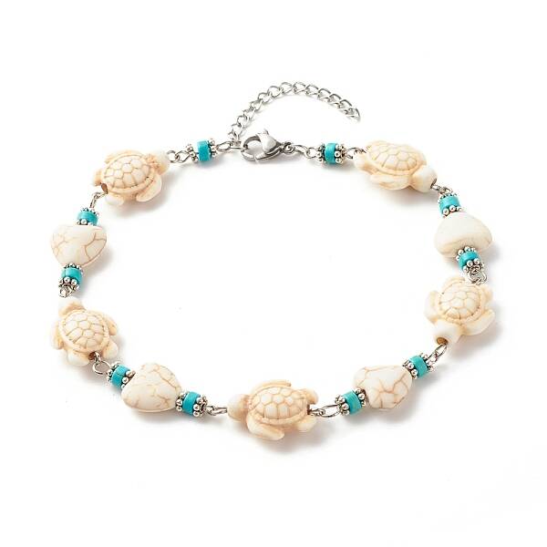 Heart & Tortoise Synthetic Turquoise Beaded Anklet