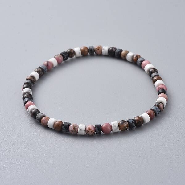 Natural Rhodonite & Howlite & Snowflake Obsidian Beads Stretch Bracelets