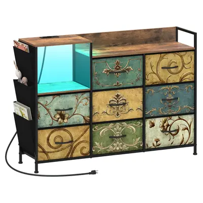 Dresser with Power Outlets and LED Lights 8 Drawers Dresser with Side Pocket Open Shelf Fabric Chest of Drawers with Sturdy F...