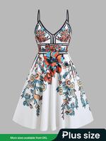 Plus Size Floral Print Contrast Binding Cami Dress, Boho Sleeveless Spaghetti Strap A-line Dress for Beach Holiday Vacation, ...