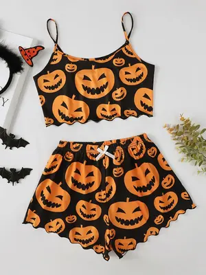 Two-Piece Set Women's Halloween Theme Pumpkin Print Bow Front Pyjama Set, Cute Pajama Set, Summer Clothes Women, Comfortable...