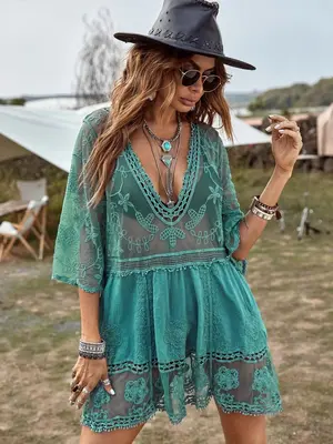 Women's Floral Embroidery Hollow Out Contrast Lace Sheer Cover Up Dress, Boho Deep V Neck 3/4 Sleeve Midi Cover Up for Beach ...