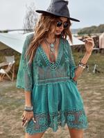 Women's Floral Embroidery Hollow Out Contrast Lace Sheer Cover Up Dress, Boho Deep V Neck 3/4 Sleeve Midi Cover Up for Beach ...