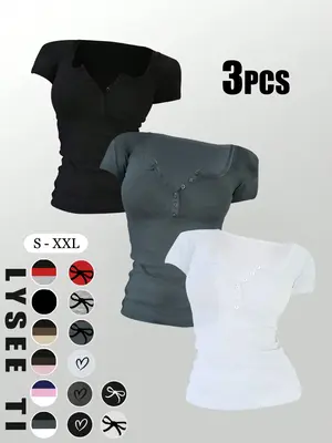Women's Solid Button Round Neck Tee, Casual Short Sleeve T-shirt for Daily Wear, Ladies Clothes for All Seasons