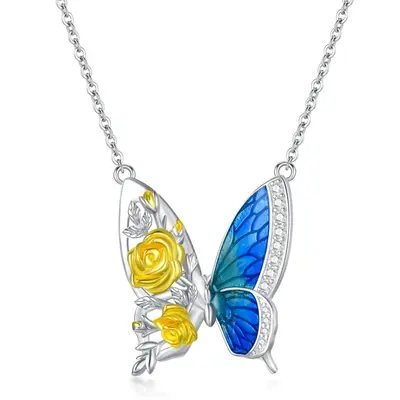 Sterling Silver Two-tone Butterfly & Rose Necklace for Women