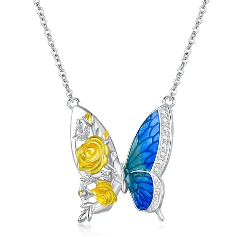 Sterling Silver Two-tone Butterfly & Rose Necklace for Women