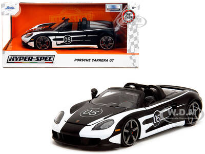 Porsche Carrera GT Convertible #05 Black with White Graphics Hyper-Spec Series 1/24 Diecast Model Car by Jada