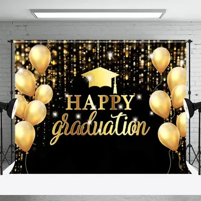 Gold Black Balloon Happpy Graduation Party Backdrop - Aperturee