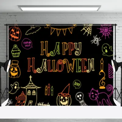 Colorful Neon Ghosts Black Happy Halloween Backdrop