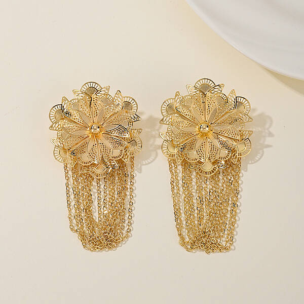 Elegant Brass Tassel Earrings with Hollow Flower Design for Women