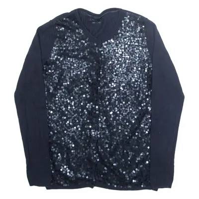 TOMMY HILFIGER Sequin Womens Cardigan Blue Tight Knit Cashmere S