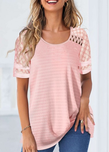 Modlily Pink Patchwork Short Sleeve Round Neck T Shirt - M