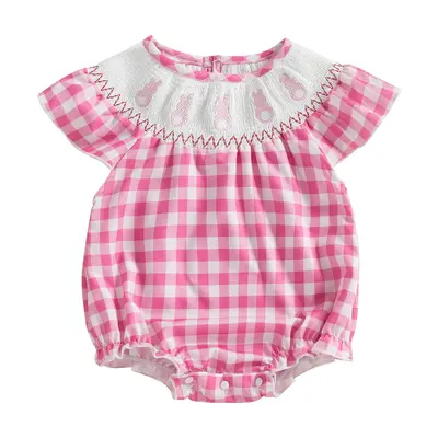 Baby Girl Easter Outfits Infant Casual Smocked Romper Plaid Print Bunny Embroidery Onesie Summer Fly Sleeves Jumpsuit Newborn...