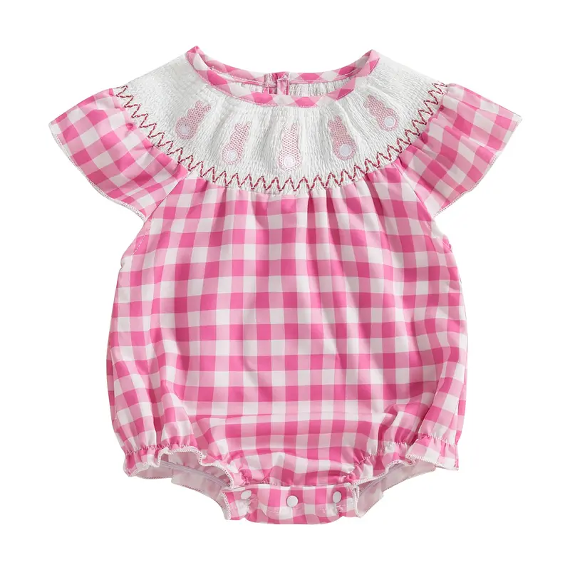 Baby Girl Easter Outfits Infant Casual Smocked Romper Plaid Print Bunny Embroidery Onesie Summer Fly Sleeves Jumpsuit Newborn...