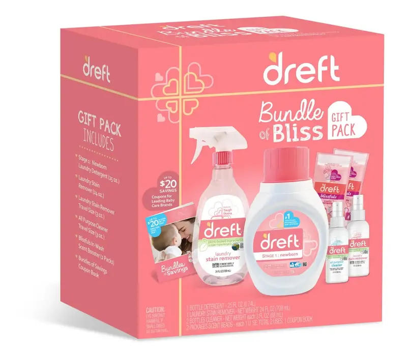 Dreft Bundle of Bliss Baby Gift Set with Laundry Detergent and Stain Remover, Infant Essentials, 16 Loads, 7 Pieces