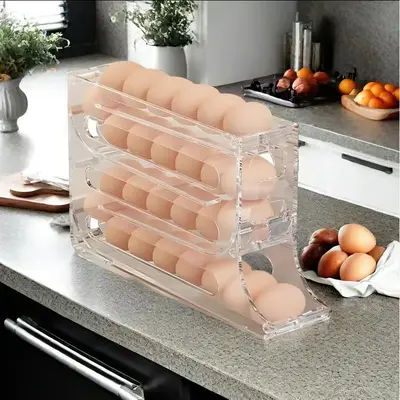 One-pack, 4-layer transparent egg storage box, automatic egg dispenser, space-saving 4-layer egg stand, larger egg storage ra...