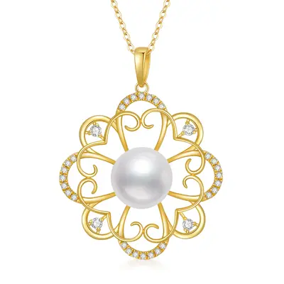 14K Gold Pearl Four-leaf Clover Pendant Necklace