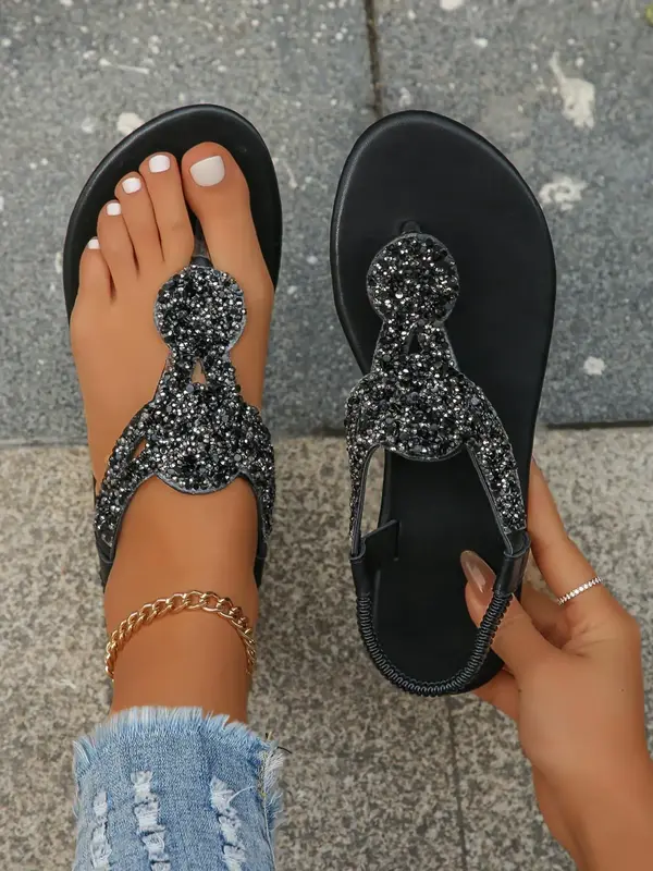 Women's Summer Elegant Sequin Decorated Flat Sandals, Comfort Fashionable Toe Thong Sandals for Girl, Lightweight Vacation Be...
