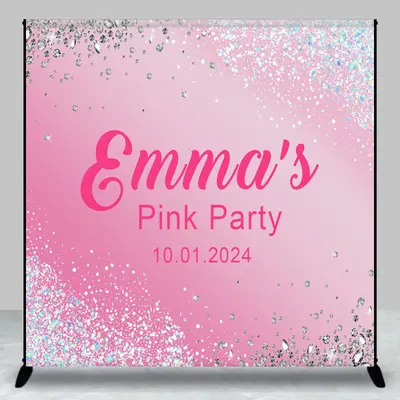 Pink Gradient Silver Diamond Custom Birthday Backdrop - Aperturee