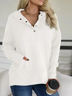 Women's Plain Pocket Button Drop Shoulder Hoodie, Casual  Comfortable Style Long Sleeve Hooded  Sweatshirt  for Daily Wear, H...