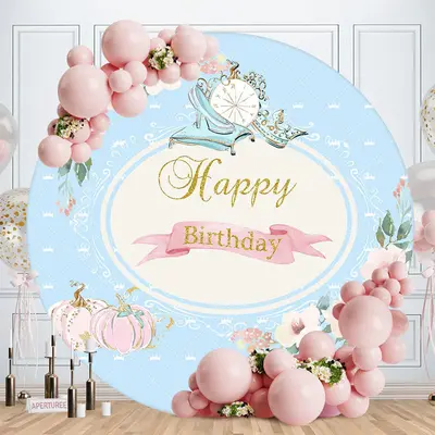 Pink Floral Pumpkin Blue Round Birthday Backdrop - Aperturee