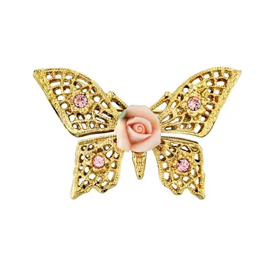 Gold-Tone Pink Crystal and Porcelain Rose Butterfly Brooch