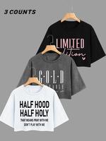 Women's Letter Print Round Neck Crop Tee, Casual Drop Shoulder Short Sleeve T-shirt for Daily Wear, Ladies Clothes for Summer...