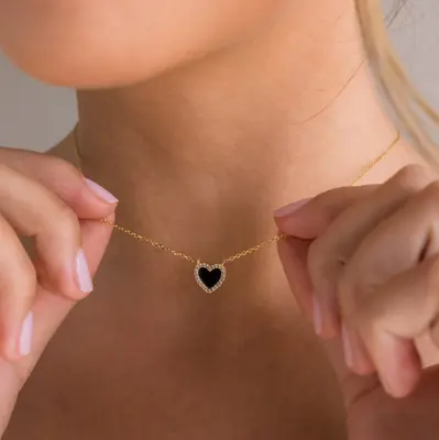 Pave Onyx Heart Necklace by Caitlyn Minimalist - Dainty 18K Gold Plated Charm Necklace - Black Cubic Zirconia Puff Heart Neck...