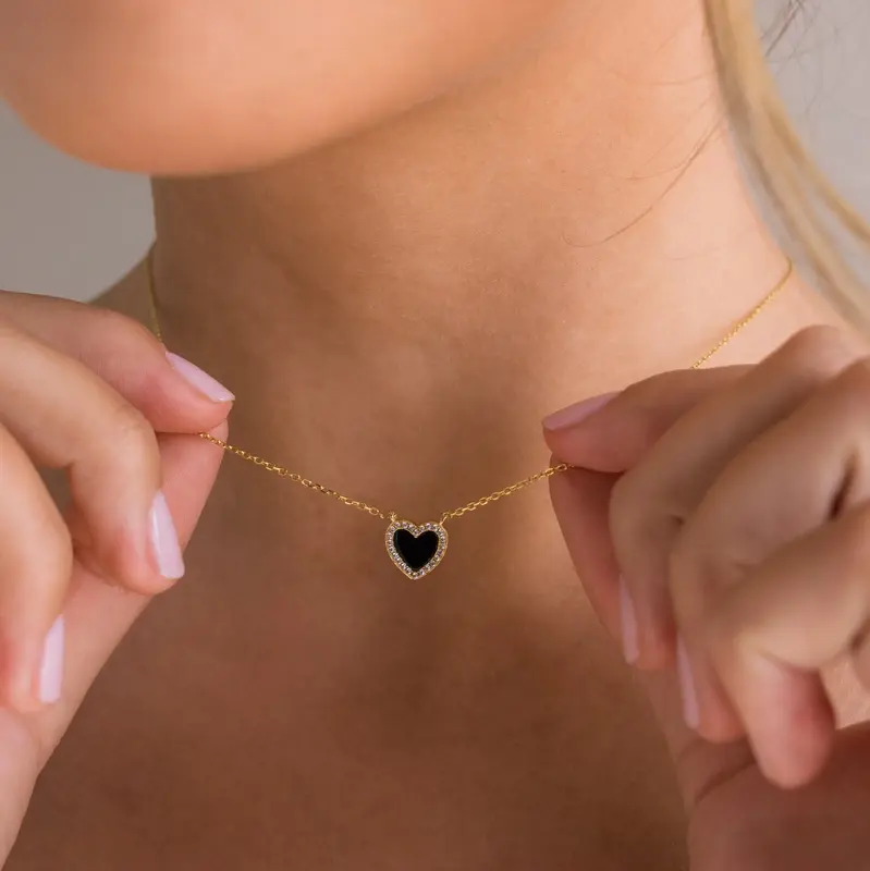 Pave Onyx Heart Necklace by Caitlyn Minimalist - Dainty 18K Gold Plated Charm Necklace - Black Cubic Zirconia Puff Heart Neck...