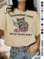 Women's Strawberry & Raccoon Print Round Neck Tee, Fashion Casual Drop Shoulder Short Sleeve T-shirt for Daily Wear, Ladies S...