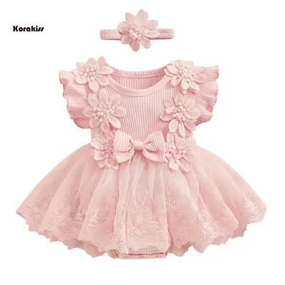 Baby Girl 2 Piece Outfits Mesh Lace Patchwork Ruffle Romper Dress and Headband Cute Fashion Summer Clothes