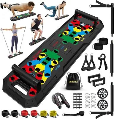 LALAHIGH Home Gym Kit, All-in-One Fitness Equipment with Push-Up Board, Resistance Bands with Bar, Pilates Bar, Pulley and Mu...