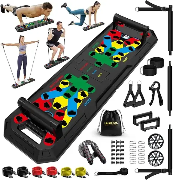 LALAHIGH Home Gym Kit, All-in-One Fitness Equipment with Push-Up Board, Resistance Bands with Bar, Pilates Bar, Pulley and Mu...