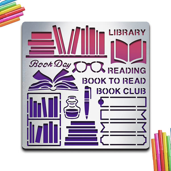 MAYJOYDIY Book Metal Stencil Book Metal Journal Stencils Library Reading Book to Read Book Club 6×6inch DIY Template for Dia...