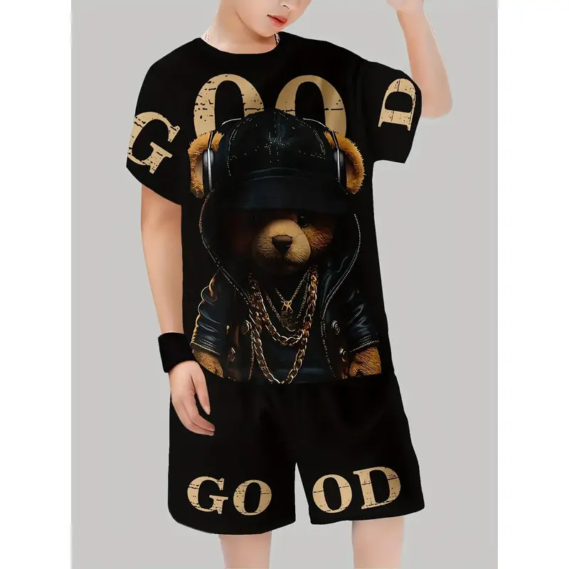 Boys' Set with Cool Bear Pattern, 3D Printed Casual Short Sleeve Shorts T-shirt, Boys Outdoor T-Shirt and Shorts Suit, Very S...