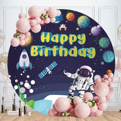 Aperturee Astronaut In Space Theme Round Happy Birthday Backdrop | Custom Round Backdrop | Circle Party Backdrop | Round Back...