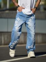 Men's Cartoon Embroidery Loose Jeans, Casual Comfy Denim Pants for Daily Wear, Woven Bottoms for All Seasons, Cotton, Graffit...