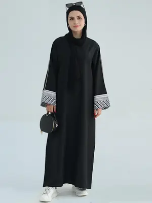 Women's Patchwork Side Striped Zipper Back Long Sleeve Kaftan, Elegant Modest Round Neck Long Dress for Party Holiday, Birthd...