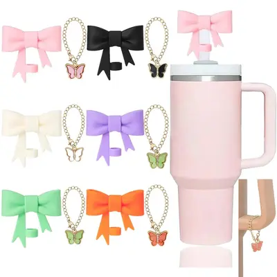 Cute Chain Charm and Straw Cover Cap Set, 1 Count Bowknot Design Silicone Straw Top Cover & 1 Count Butterfly Design Charm, W...