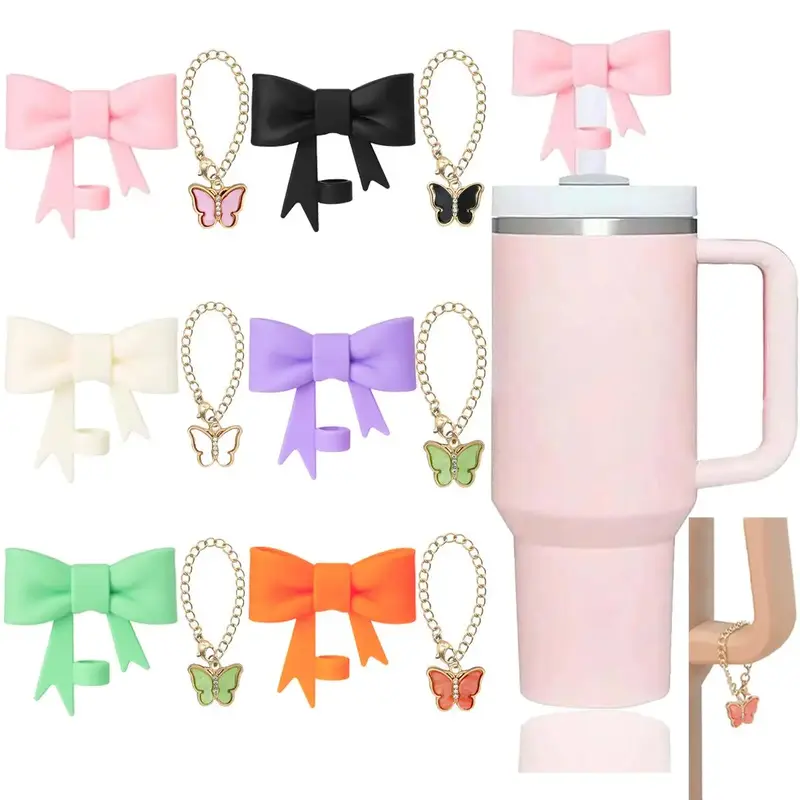 Cute Chain Charm and Straw Cover Cap Set, 1 Count Bowknot Design Silicone Straw Top Cover & 1 Count Butterfly Design Charm, W...