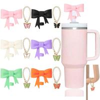 Cute Chain Charm and Straw Cover Cap Set, 1 Count Bowknot Design Silicone Straw Top Cover & 1 Count Butterfly Design Charm, W...