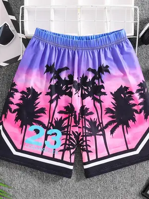 Boy's Basketball Player Print Shorts, Casual Breathable Quick Drying Shorts for Summer, Kids Bottoms for Outdoor Sports