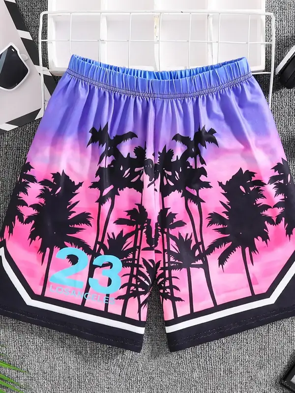 Boy's Basketball Player Print Shorts, Casual Breathable Quick Drying Shorts for Summer, Kids Bottoms for Outdoor Sports