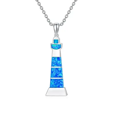Sterling Silver Opal Lighthouse Pendant Necklace