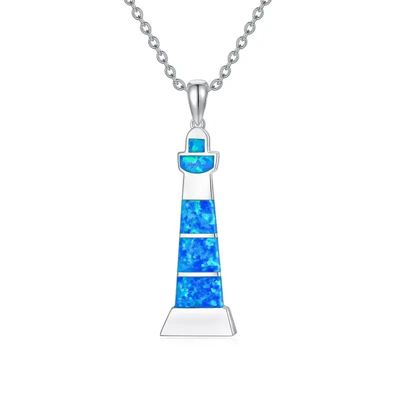 Sterling Silver Opal Lighthouse Pendant Necklace