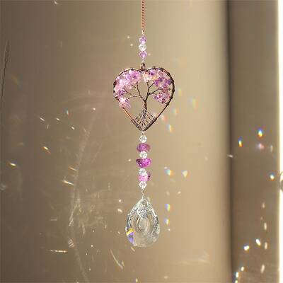 Natural Amethyst Chip Wrapped Heart with Tree of Life Hanging Ornaments