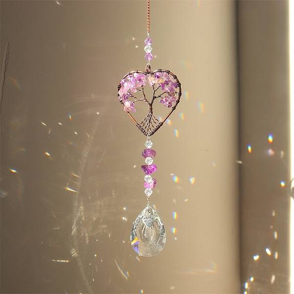 Natural Amethyst Chip Wrapped Heart with Tree of Life Hanging Ornaments