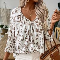 2025 Women Khaki Leopard Print Deep V-Neck Seven-Sleeve Loose Fit Women's Shirt Casual Summer Top, Stylish Leopard Pattern Fo...