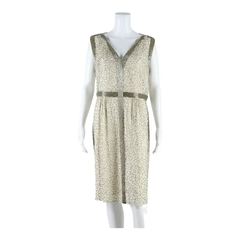 HOBBS Beaded Womens Pencil Dress Beige Silk Sleeveless Knee Length UK 14